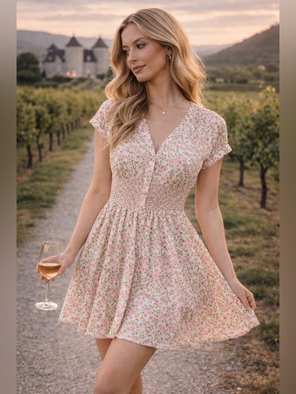 Black Tape Pink Floral Smocked V-Neck Mini Dress